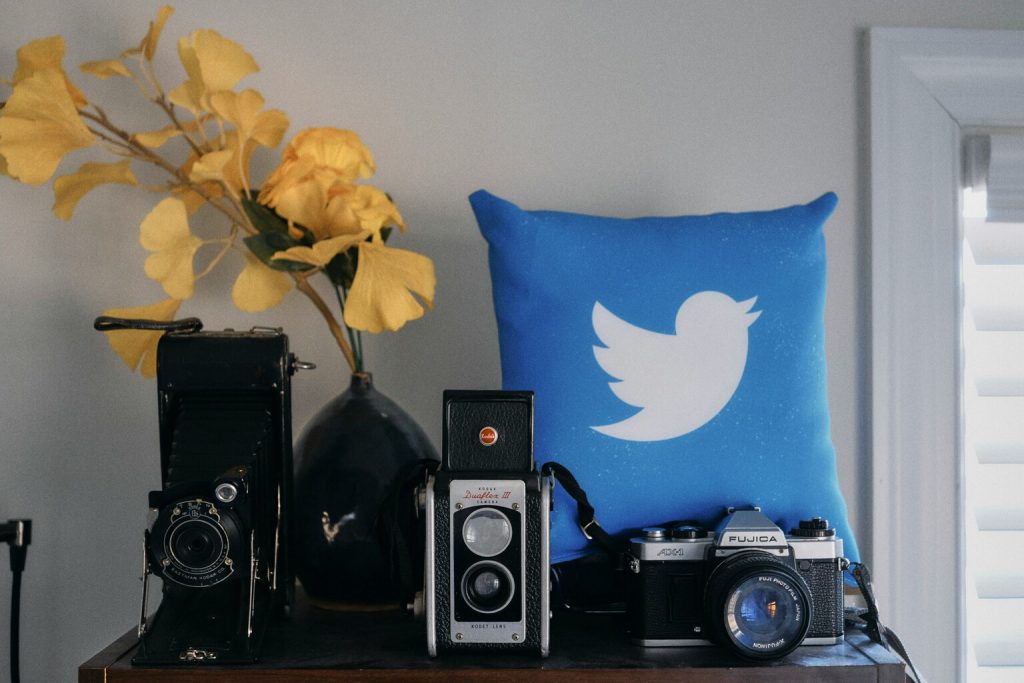 Pillow twitter and old cameras on top of  a wooden table.