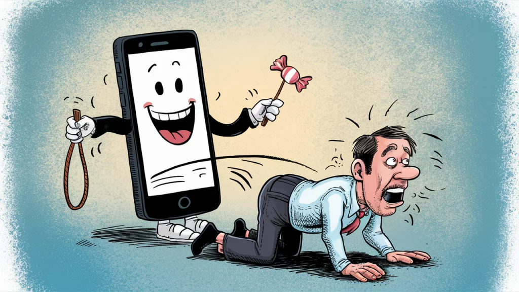 A humorous illustration where a man is being controlled by a smartphone