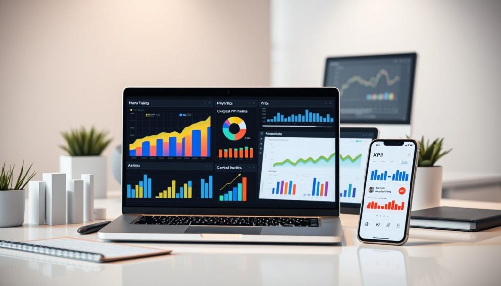 A workspace with a laptop and smartphone displaying colorful data analytics dashboard.