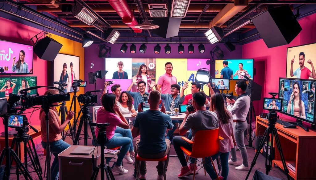 A lively TikTok content creation studio filled with creators, cameras, and colorful screens showcasing videos and profiles