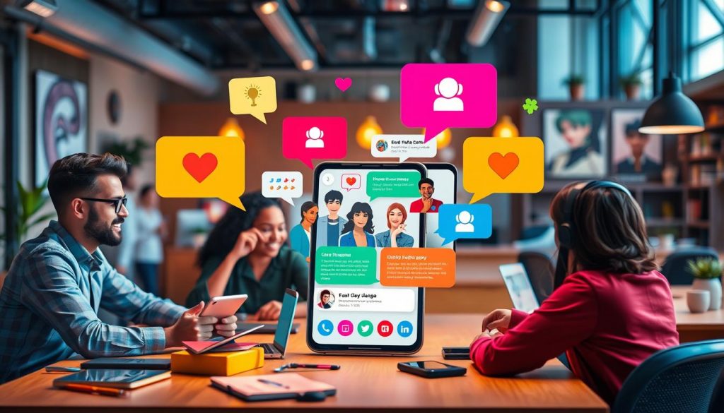 Group of people surrounded by floating social media icons and speech bubbles, symbolizing digital communication and teamwork.