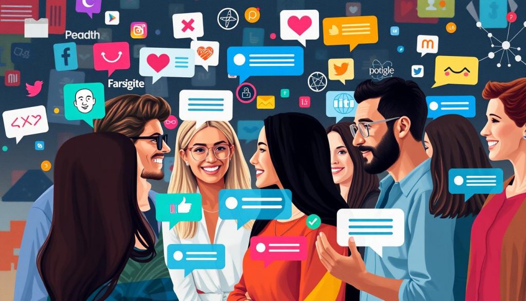 Group of diverse people smiling and chatting, surrounded by floating social media icons and speech bubbles.