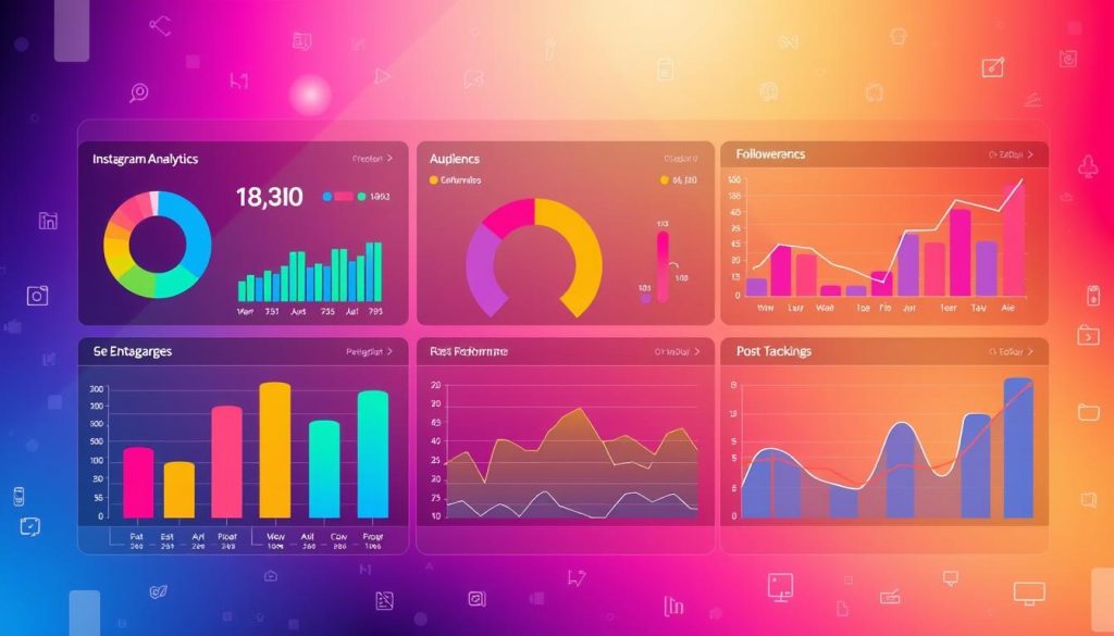 
A colorful Instagram analytics dashboard with charts and graphs showing audience, followers, engagement, and post tracking.