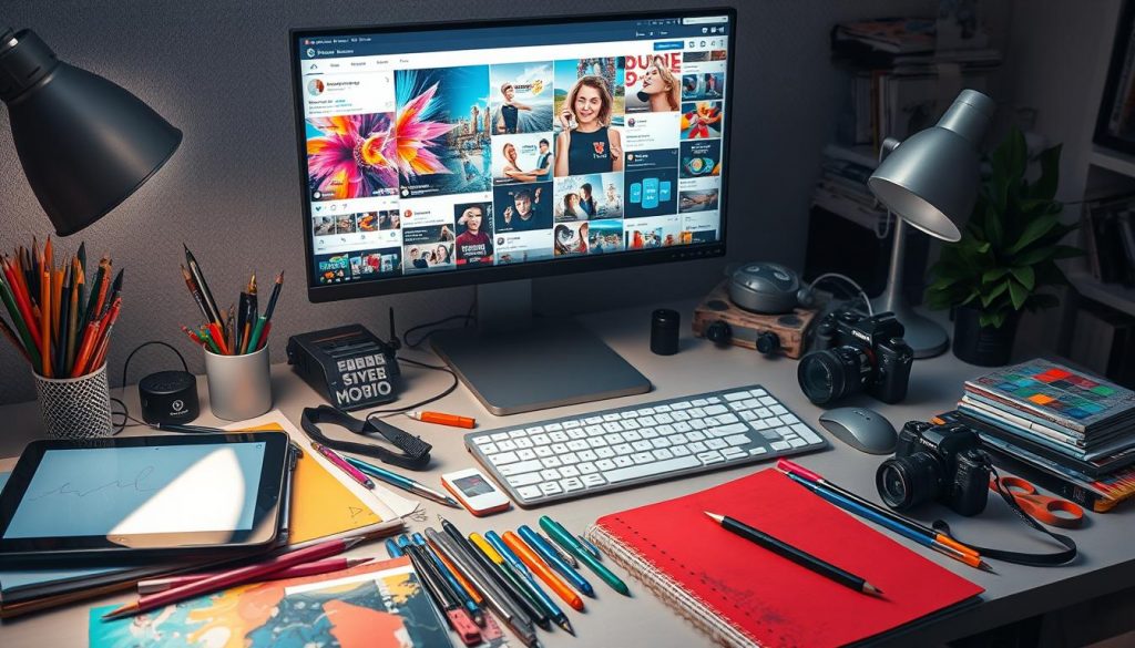 A  computer screen displaying social media content, surrounded by art supplies, cameras, and notebooks.