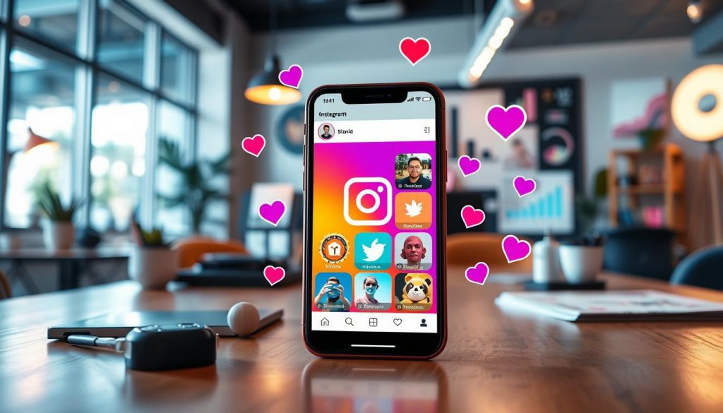 A smartphone displaying a social media app interface, surrounded by floating heart icons, on a desk.