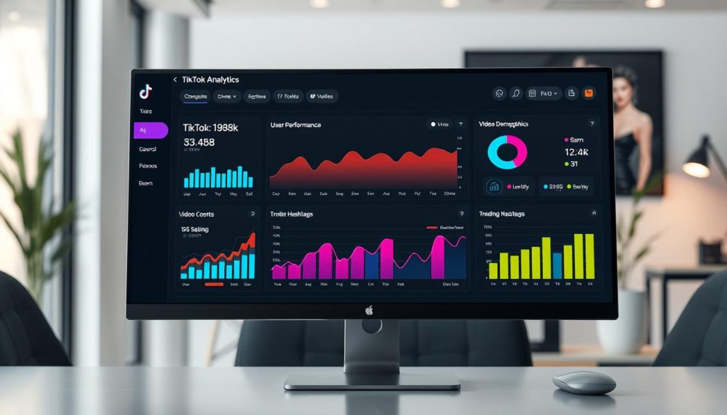 A computer displaying TikTok analytics with colorful charts, graphs, and performance metrics in a modern office setting.