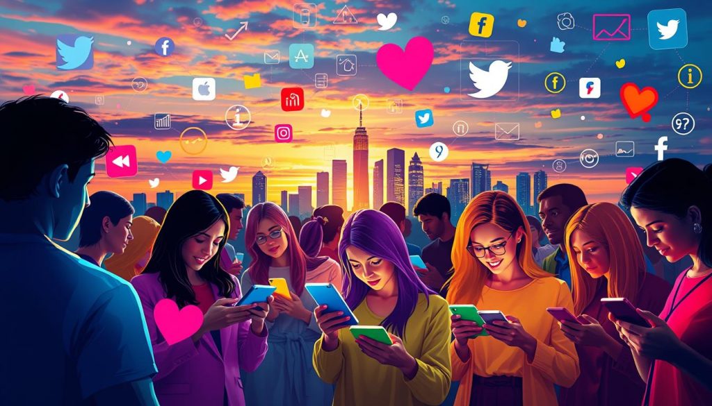 A group of people immersed in their smartphones under a vibrant sunset, surrounded by floating social media icons.