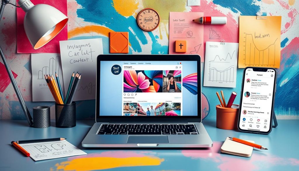 A workspace with a laptop, a smartphone showing Instagram, charts, and stationery on a vibrant desk.