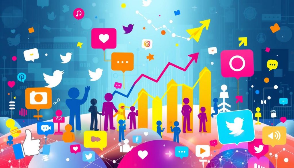 A vibrant graphic showing social media icons, people, and upward graphs, symbolizing engagement and growth.