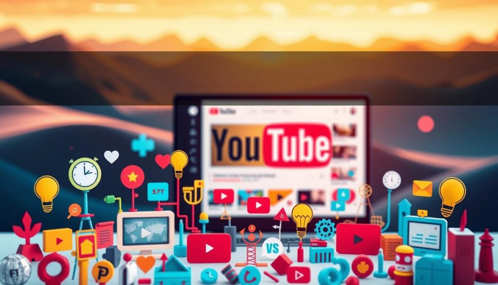 Colorful 3D icons of YouTube and social media elements in front of a laptop screen displaying the YouTube homepage.